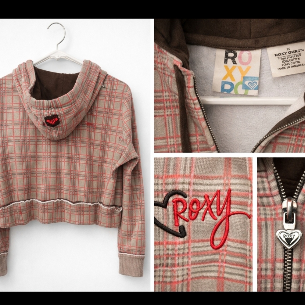 ✨ Roxy Y2K Cropped Plaid Zip Hoodie Heart Zipper Vintage 2000s Brown Pink